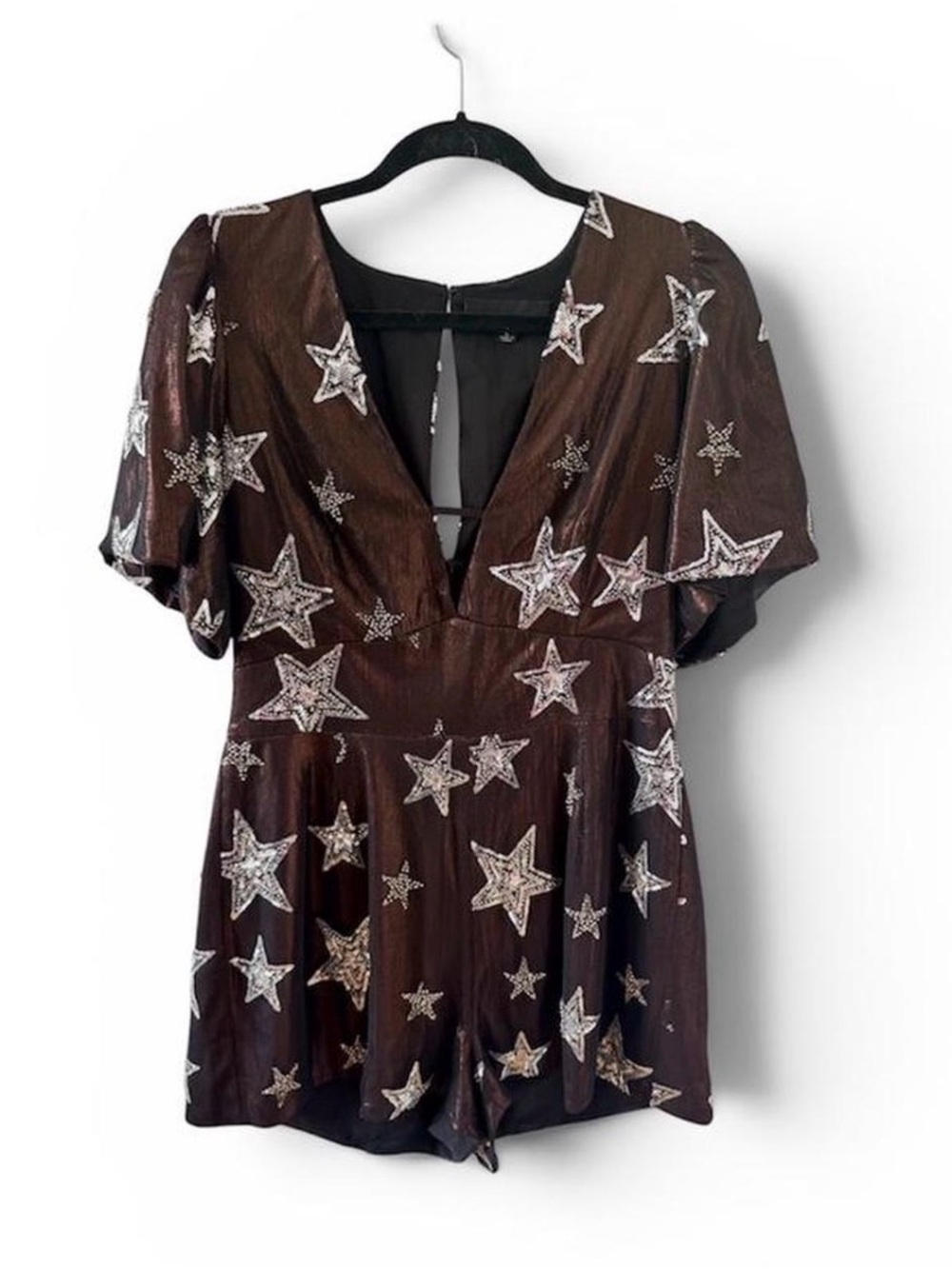 Adelyn Rae Brown Star-Embellished V-Neck Romper